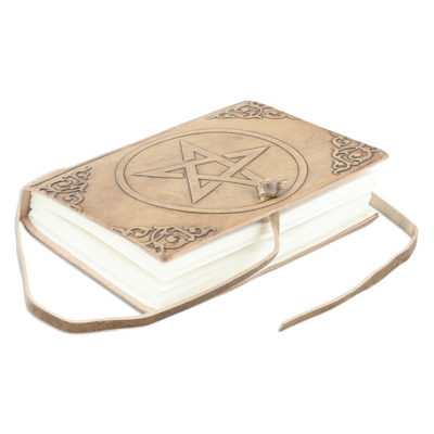 Leather journal, 'Divine Cosmos' - Embossed Star-Themed Leather Journal with 102 Cotton Pages