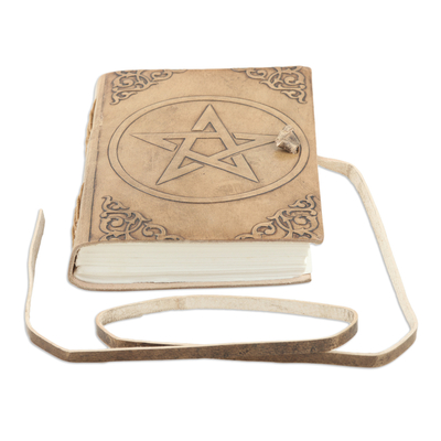 Leather journal, 'Divine Cosmos' - Embossed Star-Themed Leather Journal with 102 Cotton Pages