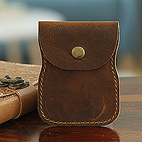 Leather coin purse, 'Cute Tresure' - Handcrafted Brown Leather Coin Purse with Brass Snap Closure