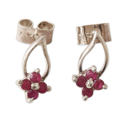 Ruby drop earrings, 'Spring of Passion' - Floral Sterling Silver Drop Earrings with Ruby Stones