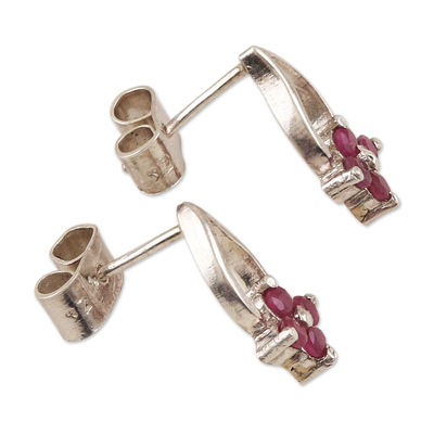 Ruby drop earrings, 'Spring of Passion' - Floral Sterling Silver Drop Earrings with Ruby Stones