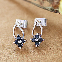 Sapphire drop earrings, 'Spring of Kindness' - Floral Sterling Silver Drop Earrings with Sapphire Stones