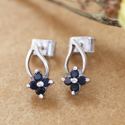 Sapphire drop earrings, 'Spring of Kindness' - Floral Sterling Silver Drop Earrings with Sapphire Stones