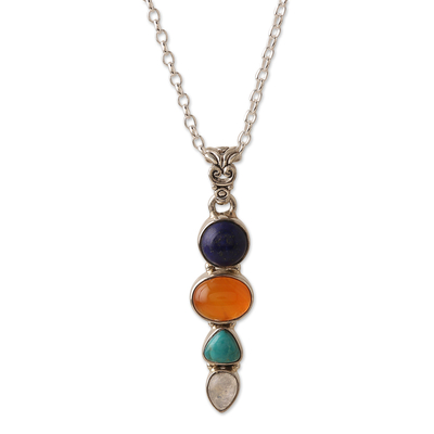Multi-gemstone pendant necklace, 'Aligned Harmonies' - Sterling Silver Pendant Necklace with Multiple Cabochons