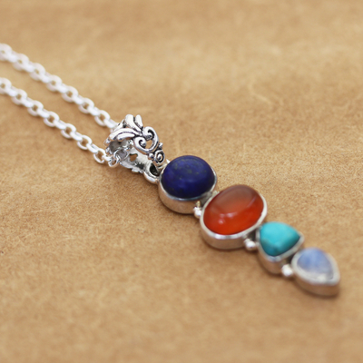 Multi-gemstone pendant necklace, 'Aligned Harmonies' - Sterling Silver Pendant Necklace with Multiple Cabochons