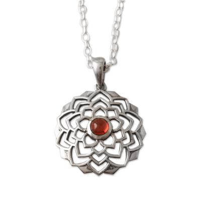 Garnet pendant necklace, 'Perseverance Lotus' - Lotus-Themed Sterling Silver Pendant Necklace with Garnet