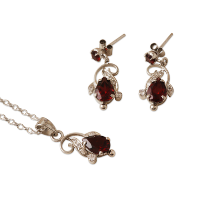 Garnet and cubic zirconia jewelry set, 'Perseverance Realm' - Garnet and Cubic Zirconia Jewelry Set with Classic Motifs