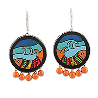 Ceramic dangle earrings, 'Madhubani Fish' - Hand-Painted Fish-Themed Ceramic Dangle Earrings with Beads