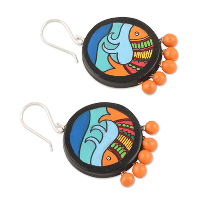 Hand-Painted Fish-Themed Ceramic Dangle Earrings with Beads