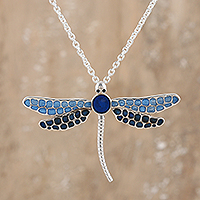 Collar colgante de plata de ley, 'La imaginación de la libélula' - Collar de plata de ley pintado con colgante de libélula azul