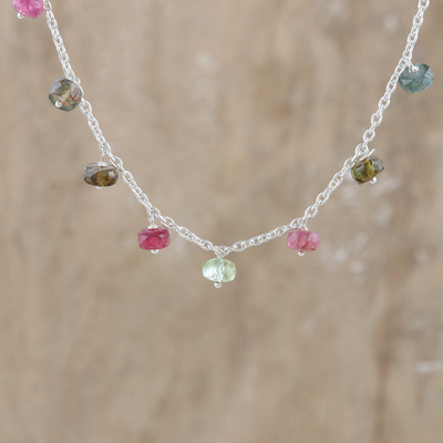 Tourmaline charm necklace, 'Creative Berries' - Sterling Silver Charm Necklace with Tourmaline Jewels
