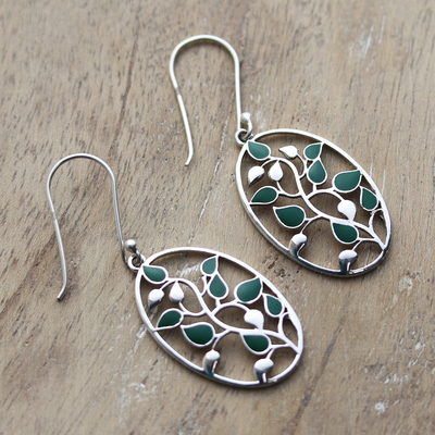 Sterling silver dangle earrings, 'Leafy Glamour' - Painted Leafy Sterling Silver Dangle Earrings from India