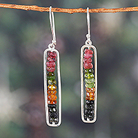 Tourmaline beaded dangle earrings, 'Creative Windows' - Polished Geometric Dangle Earrings with Tourmaline Beads