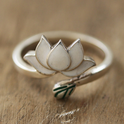 Sterling silver wrap ring, 'Serene Lotus' - Lotus-Themed Sterling Silver Wrap Ring Crafted in India