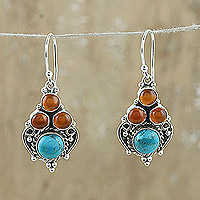 Carnelian dangle earrings, 'Lagoon Fortune' - Carnelian and Reconstituted Turquoise Dangle Earrings