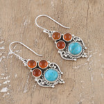Carnelian dangle earrings, 'Lagoon Fortune' - Carnelian and Reconstituted Turquoise Dangle Earrings