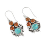 Carnelian dangle earrings, 'Lagoon Fortune' - Carnelian and Reconstituted Turquoise Dangle Earrings