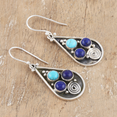 Lapis lazuli dangle earrings, 'Royal Breeze' - Dangle Earrings with Lapis Lazuli and Recon Turquoise Gems