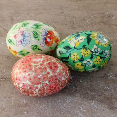Papier mache eggs, 'Easter in Kashmir' (set of 3) - Set of Three Kashmir-Themed Papier Mache Eggs from India