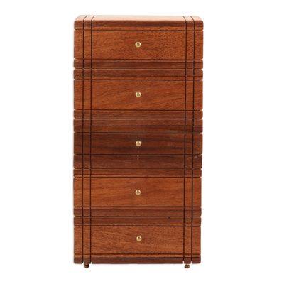 Brass-Accented Acacia Wood Chest with Five Drawers
