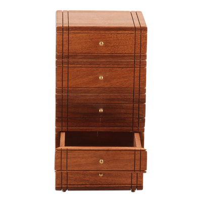 Wood chest, 'Timeless Wonder' - Brass-Accented Acacia Wood Chest with Five Drawers