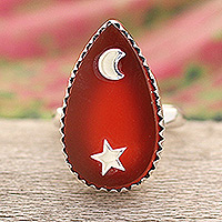 Carnelian cocktail ring, 'Confident Universe' - Sterling Silver Cocktail Ring with Carnelian Gem from India