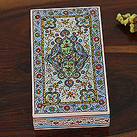 Papier mache decorative box, 'Splendid Blue' - Hand-Painted Floral and Leafy Papier Mache Decorative Box