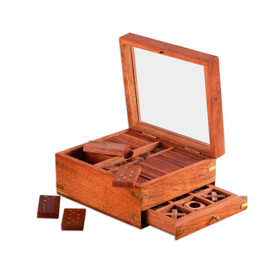 Wood and glass game set, 'Clear Cunning' - Handmade Acacia Wood and Glass Game Set with Brass Accents