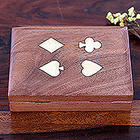 Wood deck box, 'Challenging Fortune' - Handcrafted Brown Acacia Wood Deck Box with Playing Cards