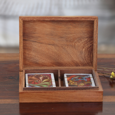 Wood deck box, 'Challenging Fortune' - Handcrafted Brown Acacia Wood Deck Box with Playing Cards