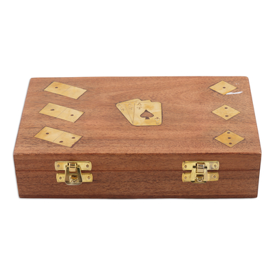 Wood and brass game set, 'Weekend Challenge' - Handcrafted Acacia Wood and Brass Game Set from India