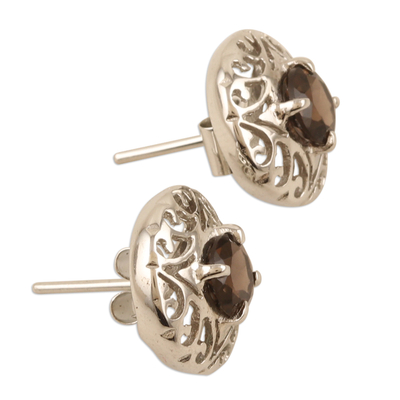 Rhodium-plated smoky quartz filigree button earrings, 'Stability Swirls' - Rhodium-Plated Button Earrings with Smoky Quartz Stones