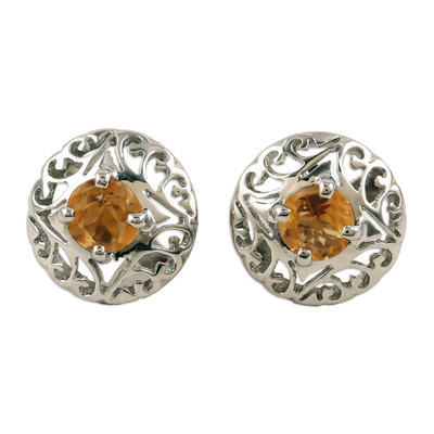 Rhodium-plated citrine filigree button earrings, 'Success Swirls' - Rhodium-Plated Button Earrings with Citrine Stones