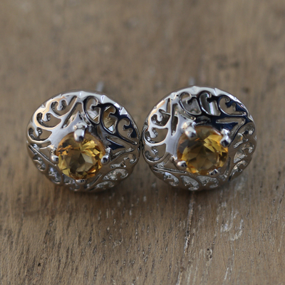 Rhodium-plated citrine filigree button earrings, 'Success Swirls' - Rhodium-Plated Button Earrings with Citrine Stones