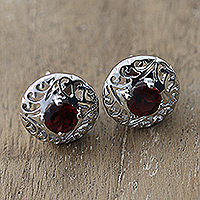 Rhodium-plated garnet filigree button earrings, 'Perseverance Swirls'