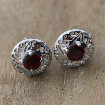 Rhodium-plated garnet filigree button earrings, Perseverance Swirls