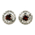 Rhodium-plated garnet filigree button earrings, 'Perseverance Swirls' - Rhodium-Plated Button Earrings with Garnet Stones thumbail