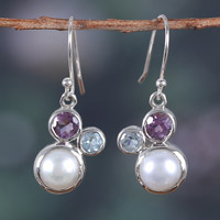 Multi-gemstone dangle earrings, 'Glamorous Trio' - Multi-Gemstone Sterling Silver Dangle Earrings from India