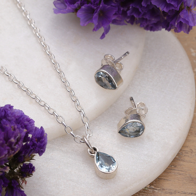 Blue topaz jewellery set, 'Always Shine' - Necklace and Earring 925 Silver jewellery Set with Blue Topaz