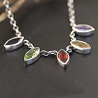 Multi-gemstone link necklace, 'Color and Glam' - Sterling Silver Multi-Gemstone Link Necklace Made in India