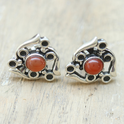 Carnelian button earrings, 'Royal Twist' - Sterling Silver Button Earrings with Carnelian Jewels
