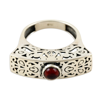 Garnet domed ring, 'Perseverant Enchantment' - Traditional Sterling Silver Domed Ring with Garnet Jewel