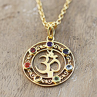 Gold-plated multi-gemstone pendant necklace, 'Om Divinity'