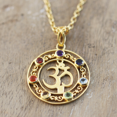 Gold-plated multi-gemstone pendant necklace, 'Om Divinity' - 22k Gold-Plated Om Pendant Necklace with Multiple Gemstones