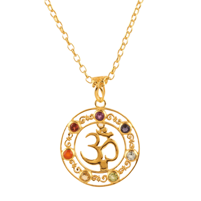 Gold-plated multi-gemstone pendant necklace, 'Om Divinity' - 22k Gold-Plated Om Pendant Necklace with Multiple Gemstones