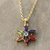 Gold-plated multi-gemstone pendant necklace, 'Floral Spirit' - 22k Gold-Plated Multi-Gemstone Floral Pendant Necklace