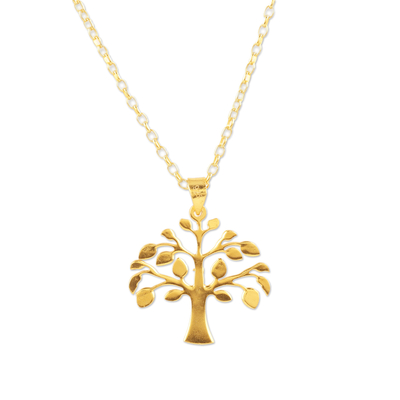 Gold-plated pendant necklace, 'Golden Kalpvriksh Tree' - 22k Gold-Plated Tree Pendant Necklace Crafted in India