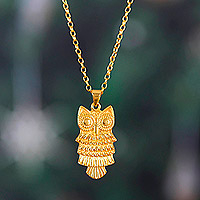 Gold-plated pendant necklace, 'Owl Soul' - 22k Gold-Plated Sterling Silver Owl Pendant Necklace
