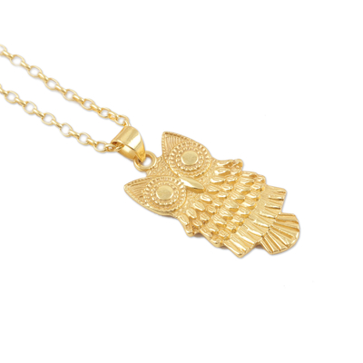 Collar colgante chapado en oro - Collar con colgante de búho en plata de ley chapada en oro de 22 quilates