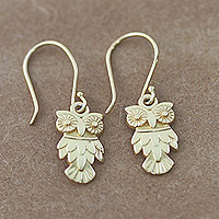 Gold-plated dangle earrings, 'Sage Vision' - Polished 22k Gold-Plated Sterling Silver Owl Dangle Earrings